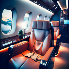 Interior of a luxury private jet with leather seat, generative AI