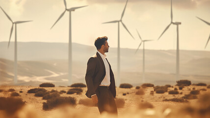 Man standing in front of wind turbine, business man, CSR, company social responsability, ecology at work, future, clean energy, made with generative AI