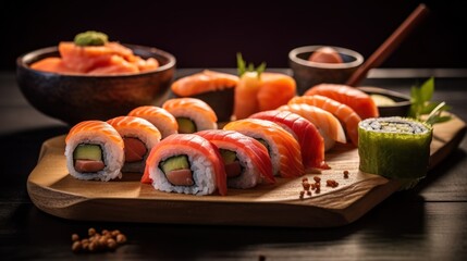 Japanese sushi and rolls. Generative AI