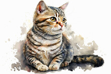Generative AI. Tabby Cat, Watercolor Illustration Isolated On White Background