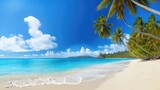 Fototapeta Przestrzenne - photo of a white sandy beach with blue ocean and palm trees - beautiful wallpaper