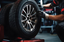 Tire At Repairing Service Garage Background. Technician Man Replacing Winter And Summer Tire For Safety Road Trip. Transportation And Automotive Maintenance Concept