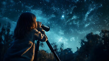 Girl Looking Through A Telescope From Her Backyard