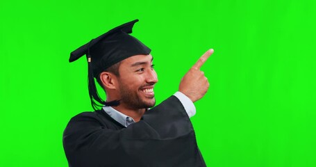 Wall Mural - Face, man and graduate point on green screen in studio isolated on a background mockup. Portrait, graduation or happy Asian student with space for advertising, marketing or funny promo for university