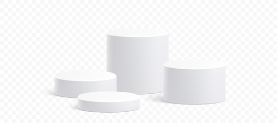 White circle podium stand, 3D cylindrical pedestal display isolated on white background. Vector column platform pillar for display product