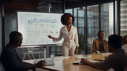 Wall Mural - Diverse Office Conference Room Meeting: Successful Black Female. Whiteboard with Big Data Analysis
