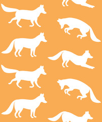 Wall Mural - Vector seamless pattern of flat hand drawn fox silhouette isolated on orange background