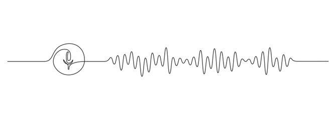 Poster - One continuous line drawing of music player soundbar with microphone button. Record audio and sound wave voice message in simple linear style. Editable stroke. Doodle vector illustration