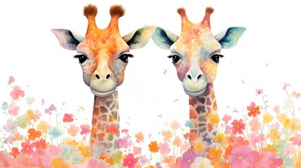 Children's book illustration poster with two happy giraffes in watercolor style