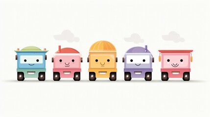 Children's book illustration poster with happy trucks in watercolor style