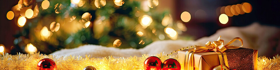 Wall Mural - Gift and Christmas decorations on the background of a Christmas tree and bokeh, banner