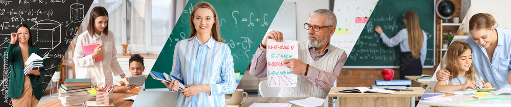 Collage of math teachers and little children doing homework Stock Photo ...