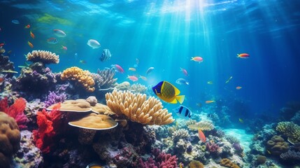 Canvas Print - a beautiful photo of a aquarium with fishes and corals. Generative AI