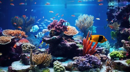 Wall Mural - a beautiful photo of a aquarium with fishes and corals. Generative AI