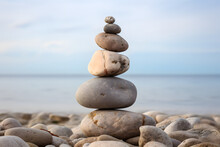 Stacked Stones Stand Tall Among Other Pebbles By A Serene Sea