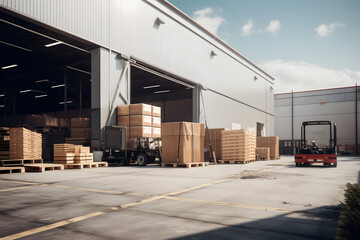 Large warehouse exterior with stacked crates and a red forklift