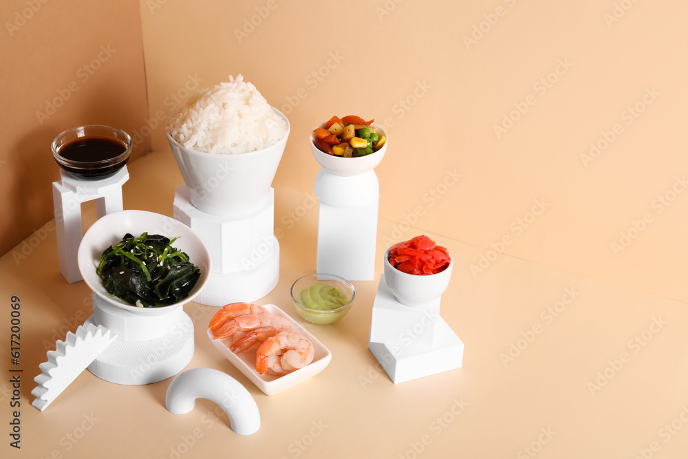 Composition with tasty Chinese food and plaster decor on color background