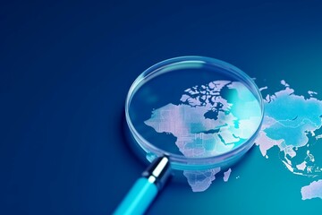 Magnifier with world map element. Global search concept. AI generated, human enhanced