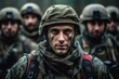 © top images - Portrait of a European army soldier in the ranks with selective focus. AI generated, human enhanced