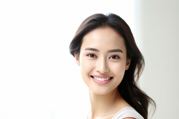 Wall Mural - Beauty portrait of a pretty young Asian woman on a light background with selective focus and copy space. AI generated