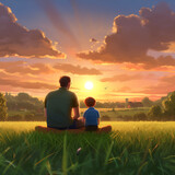 Fototapeta  - Father and son sit to see sunset view generative ai