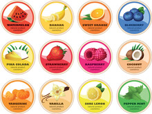 Round Labels For Packaging Design. Fruit Flavors Vector Illustration For Lip Balm Cosmetics Product. Circle Shaped Badges With Berry Flavors Of Strawberry, Watermelon, Vanilla, Raspberry, Lemon