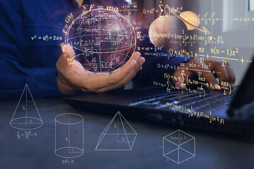 Wall Mural - scientist holding world and surrounding it with physics or mathematical equations showing ideas for 