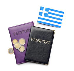 Flag of Greece, passports and euro coins isolated on white background