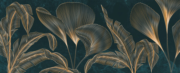 Wall Mural - dark blue luxury art tropical art background with exotic leaves in gold line art style. hand drawn b