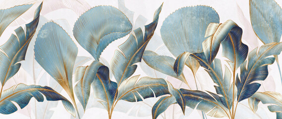 Wall Mural - luxury abstract art background with blue tropical leaves in hand drawn line style. vector botanical 