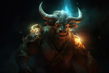 The Legendary Minotaur: Concept for Fire-Infused Mythical Creatures, Tales of Ancient Greece, and the Mysteries of Cretan Labyrinths. Generative AI