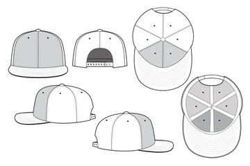 Fitted Snapback Cap Hat Vector Technical Drawing Illustration Blank Streetwear Mock-up Template for Design and Tech Packs CAD Brim Baseball Hat	