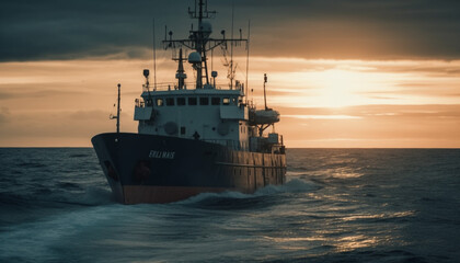 Wall Mural - Tranquil seascape, sunset silhouette, industrial ship, steel equipment, peaceful journey generated by AI