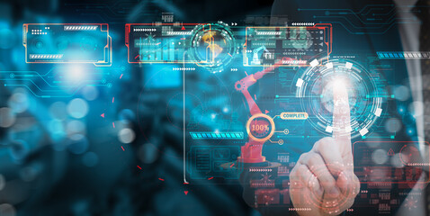 Wall Mural - concept industry 4.0 engineer using smart tablet device monitoring system software in factory, contr