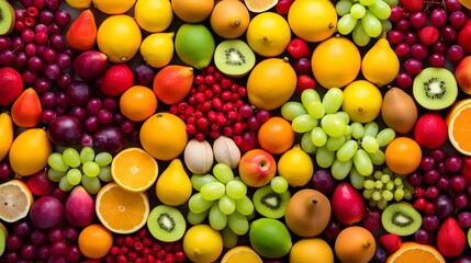 Wall Mural - Assortment of vibrant and colorful fruit, strawberries, berries, oranges, grapes, kiwis, lemons
