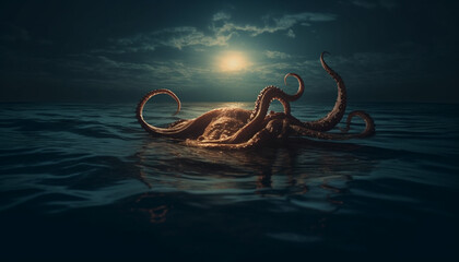 Deep underwater mystery a spooky seascape with dangerous tentacles generated by AI