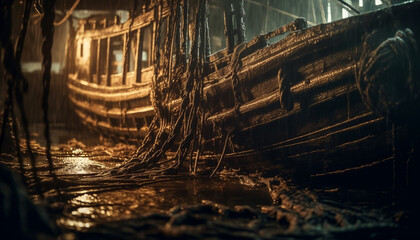 Poster - Abandoned sailing ship, rusty and broken, reflects on wet water generated by AI