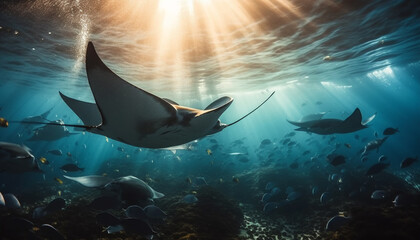 Wall Mural - Deep below, majestic manta ray swims in natural beauty generated by AI