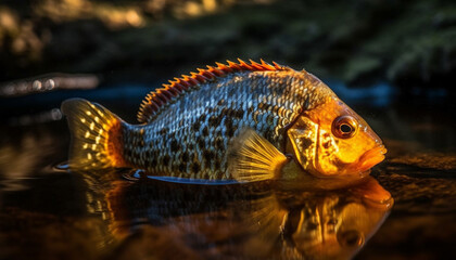 Wall Mural - Multi colored fish swimming in freshwater pond, close up of animal eye generated by AI