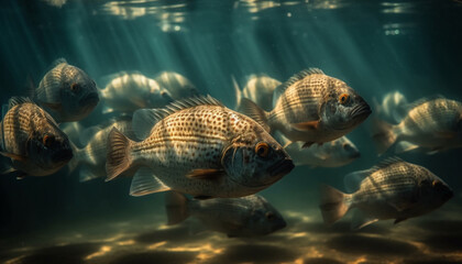 Wall Mural - School of fish swimming in deep blue saltwater reef generated by AI