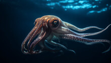 Deep Blue Sea Life Octopus Tentacles Swim Among Coral Reef Generated By AI