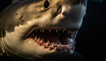 Wall Mural - Furious dinosaur sharp teeth evoke fear in underwater scuba diving generated by AI