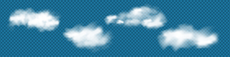 Realistic isolated cloud on transparent background. Vector set of realistic isolated fluffy clouds. Illustration of different types of cirrus and cumulus clouds. Vector.