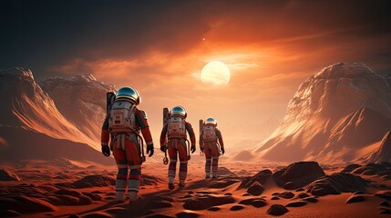 astronauts on mars, spacemen walking on red planet