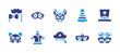 Costume party icon set. Duotone color. Vector illustration. Containing costume, carnival mask, party hat, jester, pirate hat.