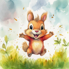 Cute Squirrel Cartoon In Watercolor Painting Style