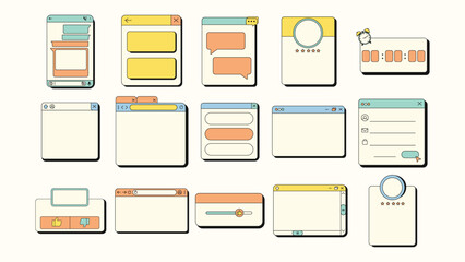 Set of retro user interface frame and box. Screen panels and dialog boxes for testimonial, chat, browser, feeds box.