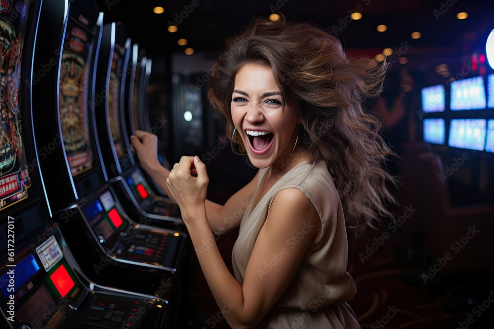 Happy young woman smiling near slot machines in a casino