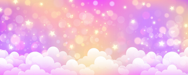 Wall Mural - pastel sky background with clouds and star. fantasy soft color landscape. cartoon fairy pink illustr
