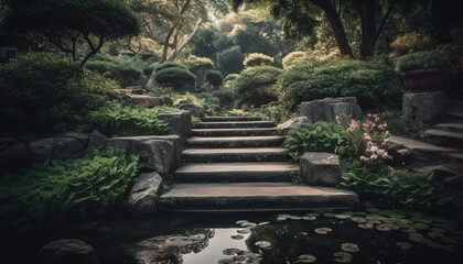 Wall Mural - A tranquil scene of a formal garden with stone staircase generated by AI